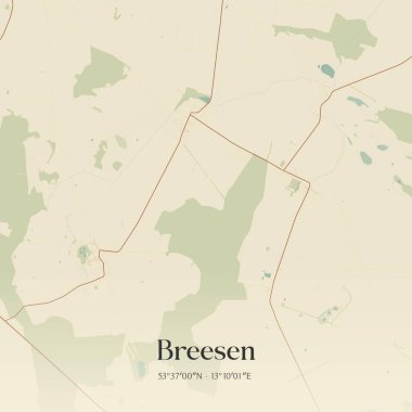 Breesen 'in klasik duvar sanat haritası, Mecklenburg-Vorpommern, Almanya' da. Ormanlar, yollar, şehirler, göller ve nehirlerle ilgili hava planı.