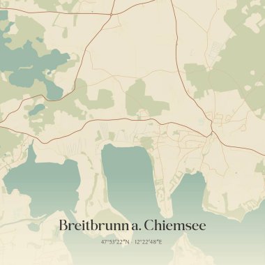 Breitbrunn a Chiemsee 'nin klasik duvar sanat haritası, Almanya Bayern' de yer almaktadır. Ormanlar, yollar, şehirler, göller ve nehirlerle ilgili hava planı.