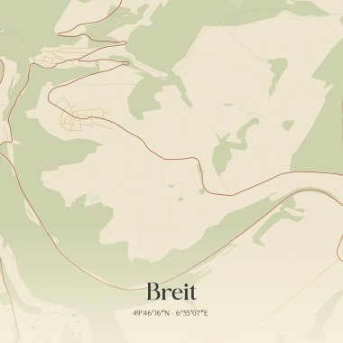 Breit 'in klasik duvar sanat haritası, Rheinland-Pfalz, Almanya' da. Ormanlar, yollar, şehirler, göller ve nehirlerle ilgili hava planı.