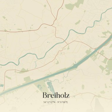 Breiholz 'un klasik duvar sanat haritası Almanya' nın kuzeyinde Schleswig-Holstein eyâletinde. Ormanlar, yollar, şehirler, göller ve nehirlerle ilgili hava planı.