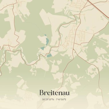 Breitenau 'nun klasik duvar sanat haritası, Rheinland-Pfalz, Almanya' da. Ormanlar, yollar, şehirler, göller ve nehirlerle ilgili hava planı.