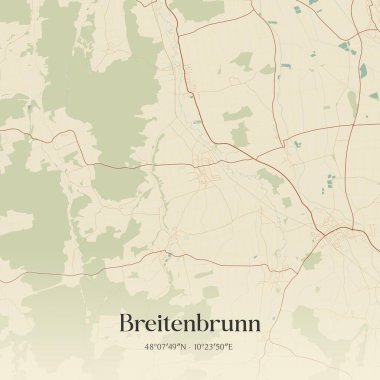 Breitenbrunn 'un klasik duvar sanat haritası, Almanya Bayern' de yer almaktadır. Ormanlar, yollar, şehirler, göller ve nehirlerle ilgili hava planı.