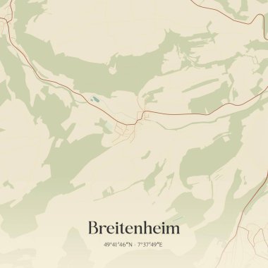 Breitenheim 'ın klasik duvar sanat haritası, Rheinland-Pfalz, Almanya' da. Ormanlar, yollar, şehirler, göller ve nehirlerle ilgili hava planı.