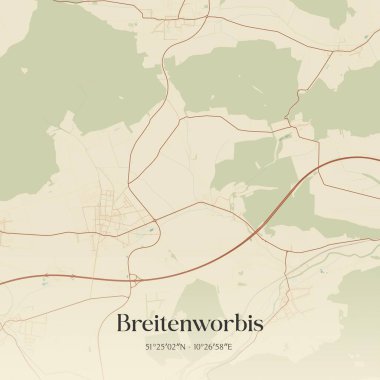 Breitenworbis 'in klasik duvar haritası, Thuringen, Almanya' da. Ormanlar, yollar, şehirler, göller ve nehirlerle ilgili hava planı.