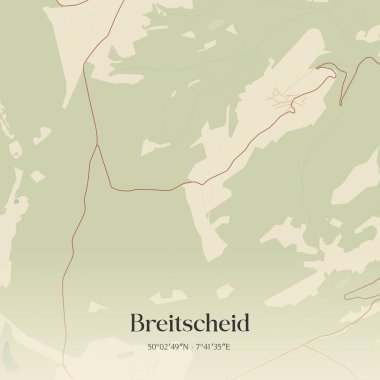 Breitscheid 'in klasik duvar sanat haritası, Rheinland-Pfalz, Almanya' da. Ormanlar, yollar, şehirler, göller ve nehirlerle ilgili hava planı.