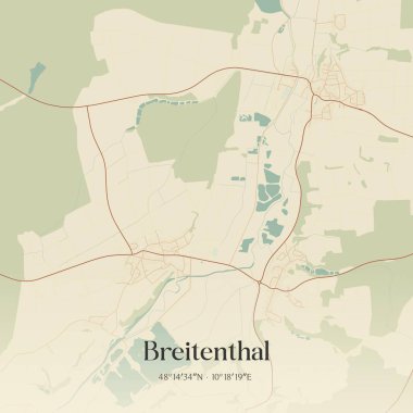 Breitenthal 'ın klasik duvar sanat haritası, Almanya Bayern' de bulunuyor. Ormanlar, yollar, şehirler, göller ve nehirlerle ilgili hava planı.