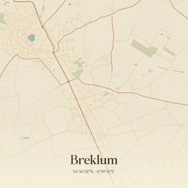 Breklum 'un Almanya' nın kuzeyinde yer alan klasik duvar sanat haritası. Ormanlar, yollar, şehirler, göller ve nehirlerle ilgili hava planı.