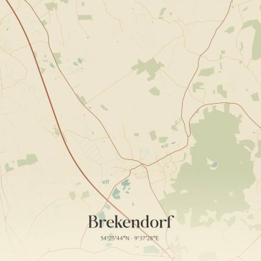 Brekendorf 'un klasik duvar haritası Almanya' nın kuzeyinde Schleswig-Holstein eyâletinde. Ormanlar, yollar, şehirler, göller ve nehirlerle ilgili hava planı.