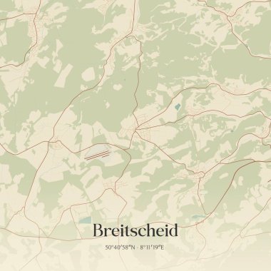 Breitscheid 'in klasik duvar sanat haritası, Hessen, Almanya' da. Ormanlar, yollar, şehirler, göller ve nehirlerle ilgili hava planı.