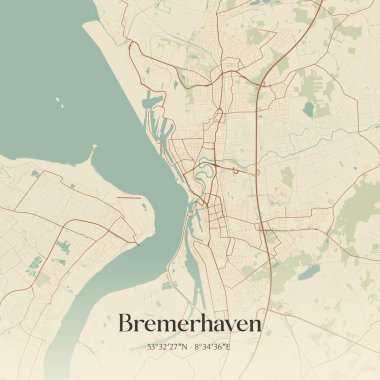 Bremerhaven 'ın klasik duvar sanat haritası, Bremen, Almanya' da. Ormanlar, yollar, şehirler, göller ve nehirlerle ilgili hava planı.