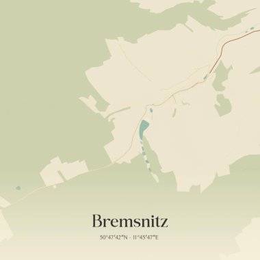 Bremsnitz 'in klasik duvar sanat haritası, Thuringen, Almanya' da. Ormanlar, yollar, şehirler, göller ve nehirlerle ilgili hava planı.