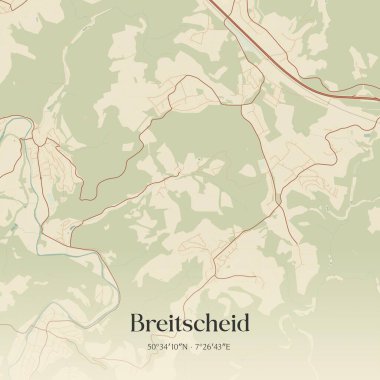 Breitscheid 'in klasik duvar sanat haritası, Rheinland-Pfalz, Almanya' da. Ormanlar, yollar, şehirler, göller ve nehirlerle ilgili hava planı.