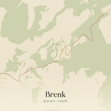 Brenk 'in klasik duvar sanat haritası, Rheinland-Pfalz, Almanya' da. Ormanlar, yollar, şehirler, göller ve nehirlerle ilgili hava planı.