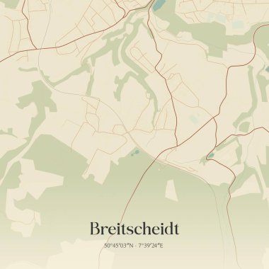 Breitscheidt 'in klasik duvar sanat haritası, Rheinland-Pfalz, Almanya' da. Ormanlar, yollar, şehirler, göller ve nehirlerle ilgili hava planı.