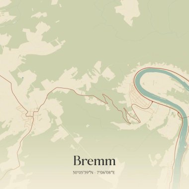 Bremm 'in klasik duvar sanat haritası, Rheinland-Pfalz, Almanya' da. Ormanlar, yollar, şehirler, göller ve nehirlerle ilgili hava planı.