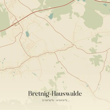 Bretnig-Hauswalde 'nin klasik duvar sanat haritası, Sachsen, Almanya' da. Ormanlar, yollar, şehirler, göller ve nehirlerle ilgili hava planı.