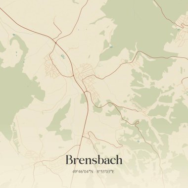 Brensbach 'ın klasik duvar haritası, Hessen, Almanya' da. Ormanlar, yollar, şehirler, göller ve nehirlerle ilgili hava planı.