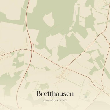 Bretthausen 'in klasik duvar sanat haritası, Rheinland-Pfalz, Almanya' da. Ormanlar, yollar, şehirler, göller ve nehirlerle ilgili hava planı.