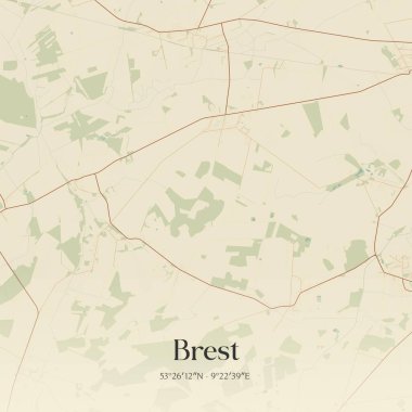 Brest 'in klasik duvar sanat haritası, Niedersachsen, Almanya' da. Ormanlar, yollar, şehirler, göller ve nehirlerle ilgili hava planı.