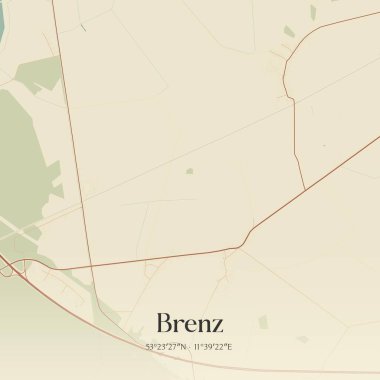 Brenz 'in klasik duvar sanat haritası, Mecklenburg-Vorpommern, Almanya' da. Ormanlar, yollar, şehirler, göller ve nehirlerle ilgili hava planı.