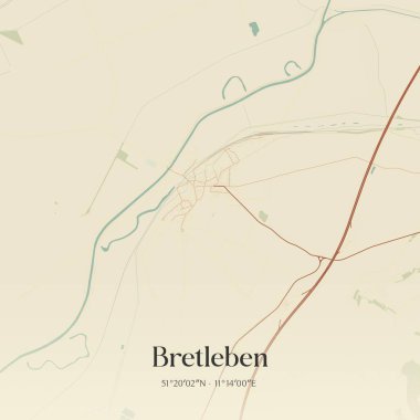 Bretleben 'in klasik duvar sanat haritası, Thuringen, Almanya' da. Ormanlar, yollar, şehirler, göller ve nehirlerle ilgili hava planı.