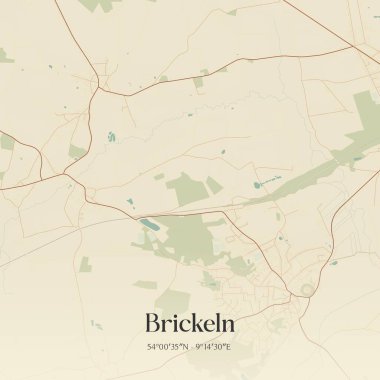 Brickeln 'in Almanya' nın kuzeyinde bulunan klasik duvar sanat haritası. Ormanlar, yollar, şehirler, göller ve nehirlerle ilgili hava planı.