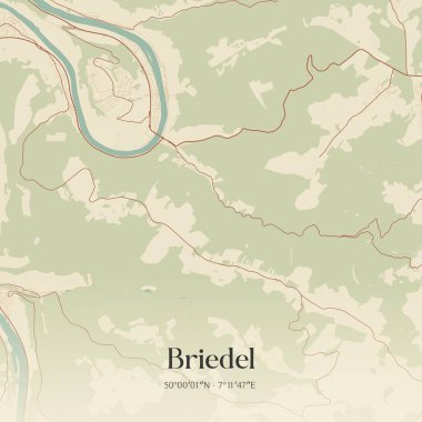 Briedel 'in klasik duvar sanat haritası, Rheinland-Pfalz, Almanya' da. Ormanlar, yollar, şehirler, göller ve nehirlerle ilgili hava planı.