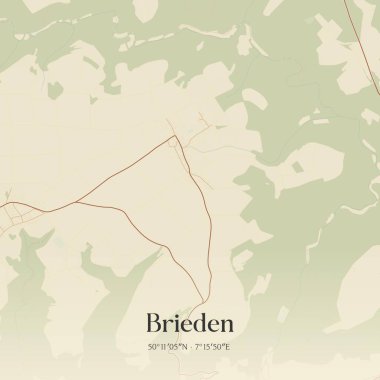 Brieden 'ın klasik duvar sanat haritası, Rheinland-Pfalz, Almanya' da. Ormanlar, yollar, şehirler, göller ve nehirlerle ilgili hava planı.