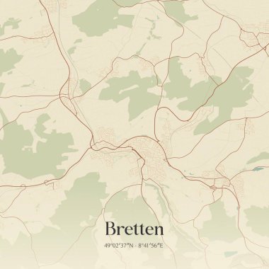 Bretten 'in klasik duvar sanat haritası, Baden-Wurttemberg, Almanya' da. Ormanlar, yollar, şehirler, göller ve nehirlerle ilgili hava planı.