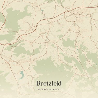 Baden-Wurttemberg, Almanya 'da bulunan Bretzfeld' in klasik duvar sanat haritası. Ormanlar, yollar, şehirler, göller ve nehirlerle ilgili hava planı.