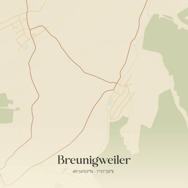 Breunigweiler 'ın klasik duvar sanat haritası, Rheinland-Pfalz, Almanya' da. Ormanlar, yollar, şehirler, göller ve nehirlerle ilgili hava planı.