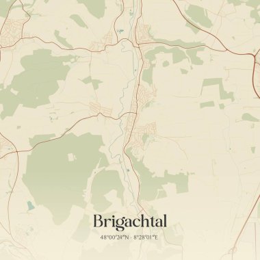 Brigachtal 'ın klasik duvar sanat haritası, Baden-Wurttemberg, Almanya' da. Ormanlar, yollar, şehirler, göller ve nehirlerle ilgili hava planı.