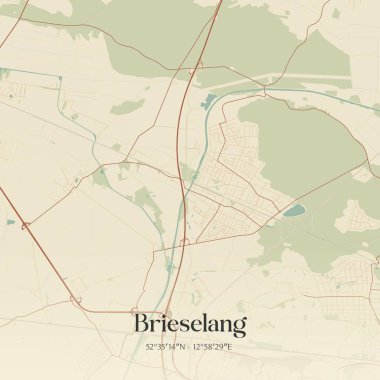Brieselang 'ın klasik duvar sanat haritası, Brandenburg, Almanya' da. Ormanlar, yollar, şehirler, göller ve nehirlerle ilgili hava planı.