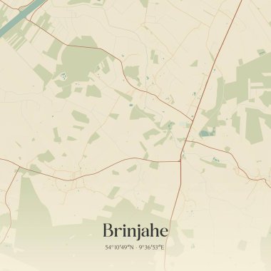 Brinjahe 'nin Almanya' nın kuzeyinde bulunan klasik duvar sanat haritası. Ormanlar, yollar, şehirler, göller ve nehirlerle ilgili hava planı.