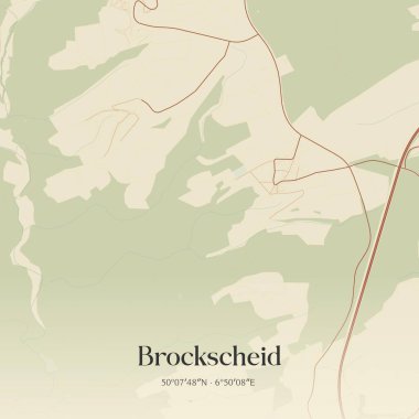 Brockscheid 'in klasik duvar sanat haritası, Rheinland-Pfalz, Almanya' da. Ormanlar, yollar, şehirler, göller ve nehirlerle ilgili hava planı.