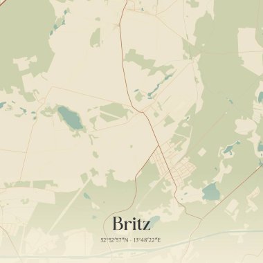 Brandenburg, Almanya 'da bulunan Britz' in klasik duvar sanat haritası. Ormanlar, yollar, şehirler, göller ve nehirlerle ilgili hava planı.