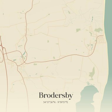 Vintage wall art map of Brodersby, located in Schleswig-Holstein, Germany. Aerial plan with forests, roads, cities, lakes and rivers. clipart