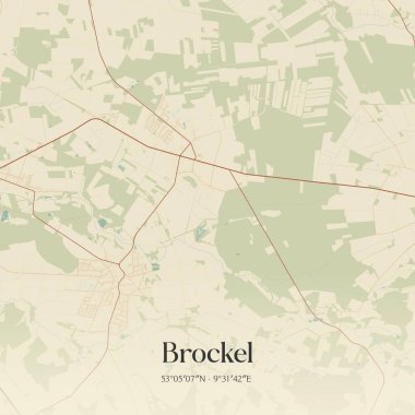 Brockel 'in klasik duvar sanat haritası, Niedersachsen, Almanya' da. Ormanlar, yollar, şehirler, göller ve nehirlerle ilgili hava planı.