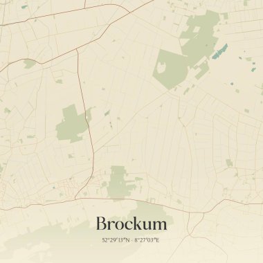 Brockum 'un klasik duvar sanat haritası, Niedersachsen, Almanya' da. Ormanlar, yollar, şehirler, göller ve nehirlerle ilgili hava planı.