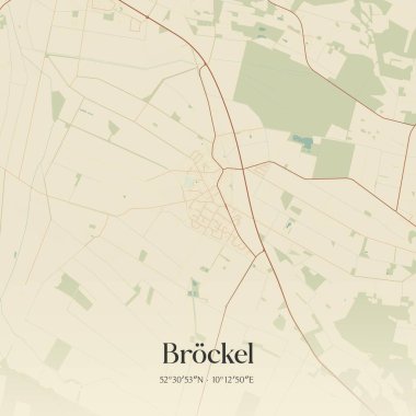 Brockel 'in klasik duvar sanat haritası, Niedersachsen, Almanya' da. Ormanlar, yollar, şehirler, göller ve nehirlerle ilgili hava planı.