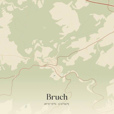 Bruch 'un klasik duvar sanat haritası, Rheinland-Pfalz, Almanya' da. Ormanlar, yollar, şehirler, göller ve nehirlerle ilgili hava planı.