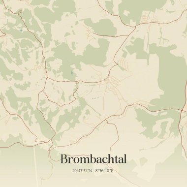 Brombachtal 'ın klasik duvar sanat haritası, Hessen, Almanya' da. Ormanlar, yollar, şehirler, göller ve nehirlerle ilgili hava planı.