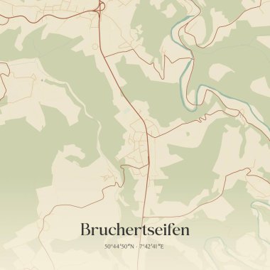 Bruchertseifen 'in klasik duvar sanat haritası, Rheinland-Pfalz, Almanya' da. Ormanlar, yollar, şehirler, göller ve nehirlerle ilgili hava planı.