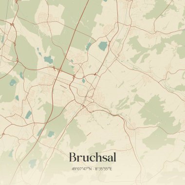 Bruchsal 'ın klasik duvar sanat haritası, Baden-Wurttemberg, Almanya' da. Ormanlar, yollar, şehirler, göller ve nehirlerle ilgili hava planı.