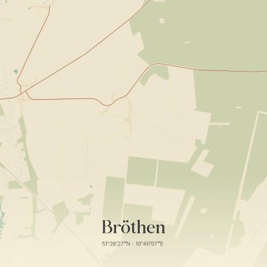 Almanya 'nın kuzeyinde Schleswig-Holstein eyâletinde bulunan Brothen' ın klasik duvar sanat haritası. Ormanlar, yollar, şehirler, göller ve nehirlerle ilgili hava planı.