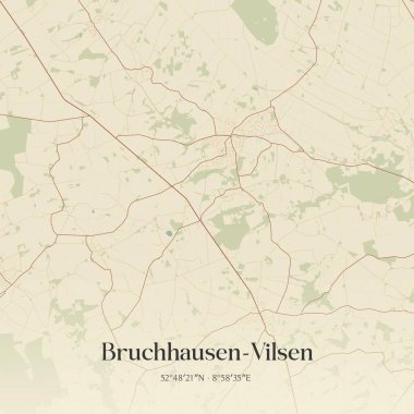 Bruchhausen-Vilsen 'in klasik duvar sanat haritası, Niedersachsen, Almanya' da. Ormanlar, yollar, şehirler, göller ve nehirlerle ilgili hava planı.