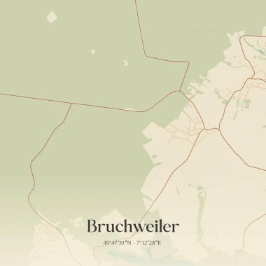 Bruchweiler 'ın klasik duvar sanat haritası, Rheinland-Pfalz, Almanya' da. Ormanlar, yollar, şehirler, göller ve nehirlerle ilgili hava planı.