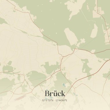 Brandenburg, Almanya 'da bulunan Bruck' ın klasik duvar sanat haritası. Ormanlar, yollar, şehirler, göller ve nehirlerle ilgili hava planı.