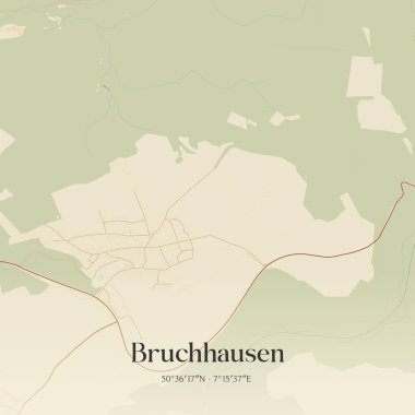 Bruchhausen 'in klasik duvar sanat haritası, Rheinland-Pfalz, Almanya' da. Ormanlar, yollar, şehirler, göller ve nehirlerle ilgili hava planı.