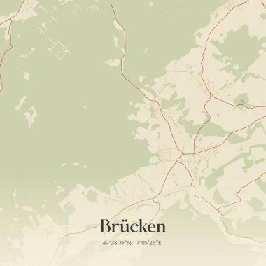 Brucken 'in klasik duvar sanat haritası, Rheinland-Pfalz, Almanya' da. Ormanlar, yollar, şehirler, göller ve nehirlerle ilgili hava planı.